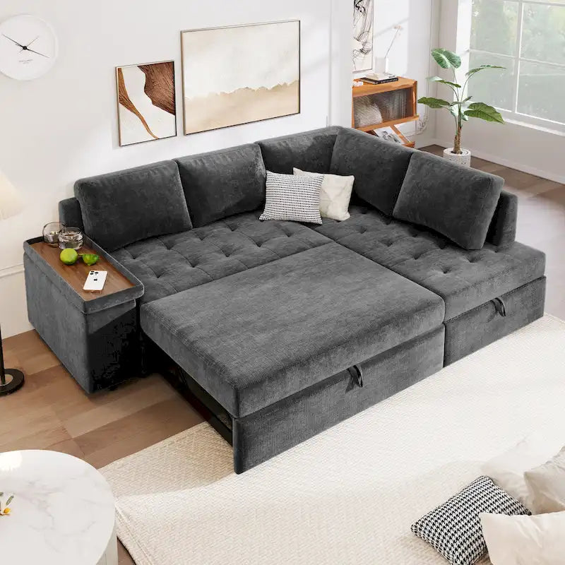 91.5 L-Shaped 4 Seater Sectional Sofa Couch with Pull-Out Bed, Hidden Storage and Functional Armrests, for Living Room