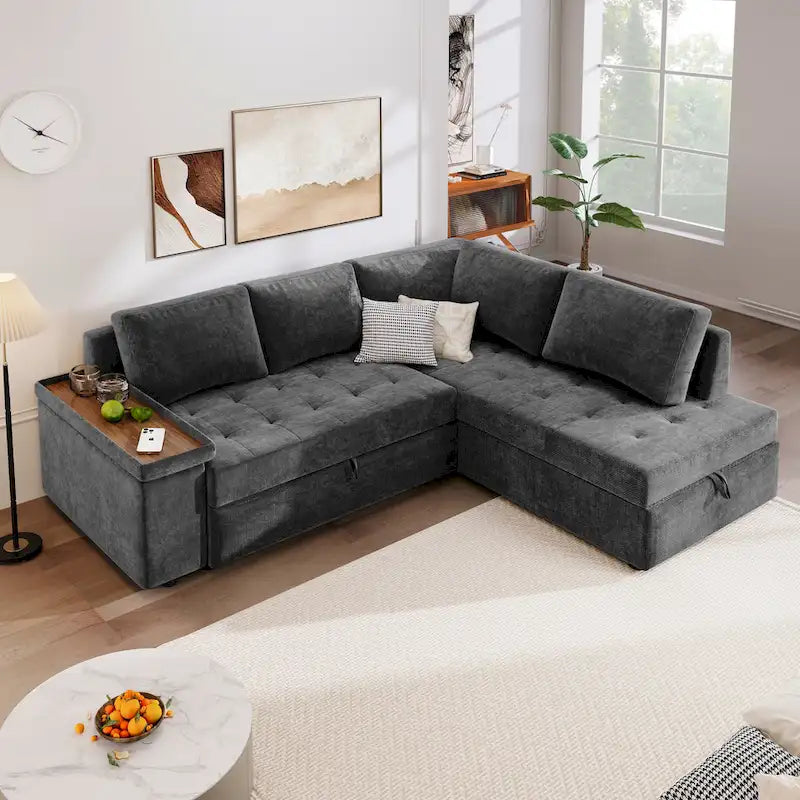 91.5 L-Shaped 4 Seater Sectional Sofa Couch with Pull-Out Bed, Hidden Storage and Functional Armrests, for Living Room