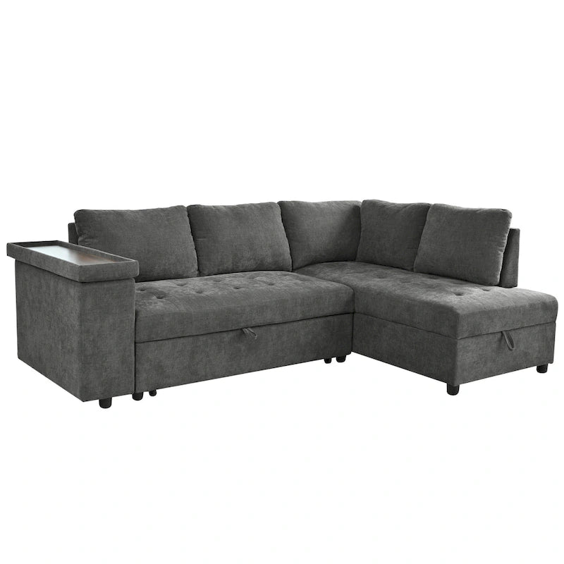 91.5 L-Shaped 4 Seater Sectional Sofa Couch with Pull-Out Bed, Hidden Storage and Functional Armrests, for Living Room
