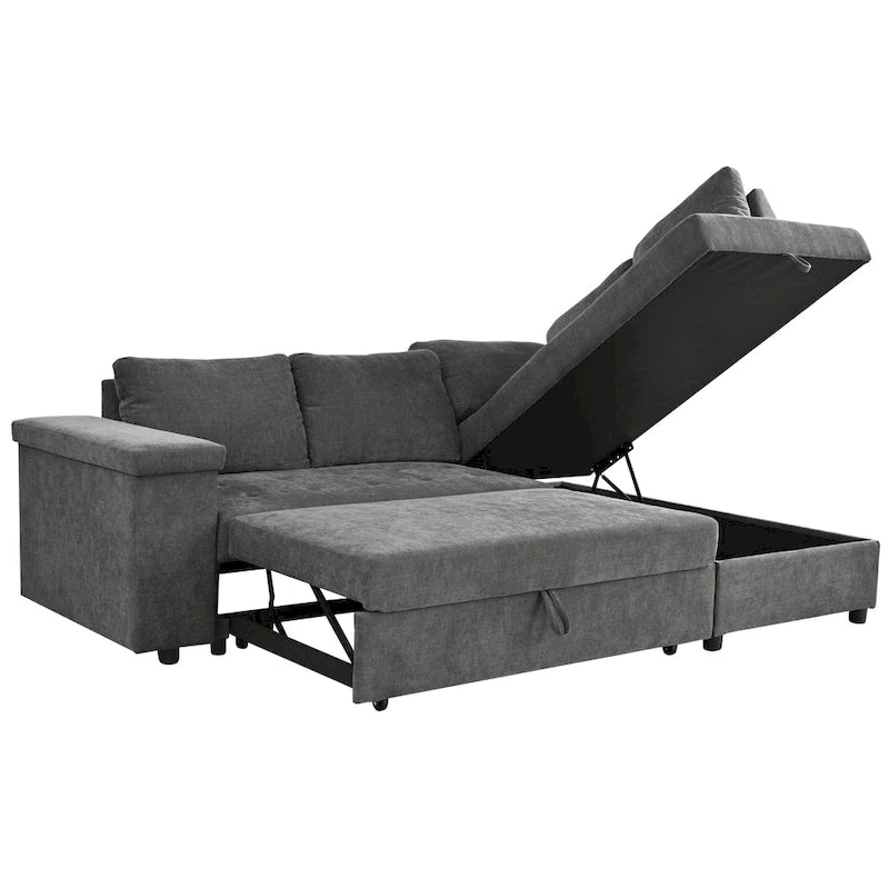91.5 L-Shaped 4 Seater Sectional Sofa Couch with Pull-Out Bed, Hidden Storage and Functional Armrests, for Living Room
