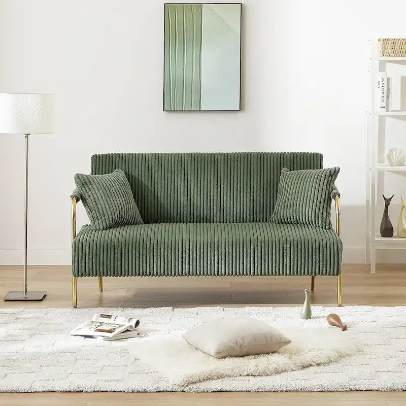 Upholstered Velvet Loveseat with Tufted Back, Gold Legs & 2 Pillows