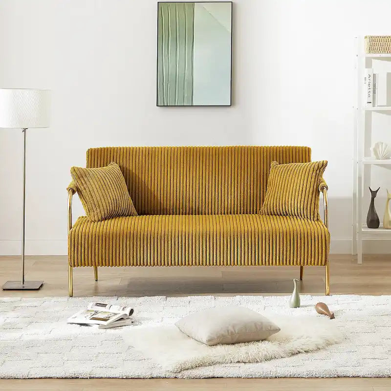 Upholstered Velvet Loveseat with Tufted Back, Gold Legs & 2 Pillows
