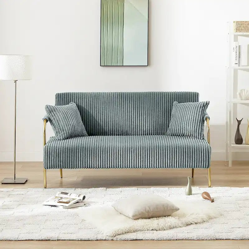 Upholstered Velvet Loveseat with Tufted Back, Gold Legs & 2 Pillows