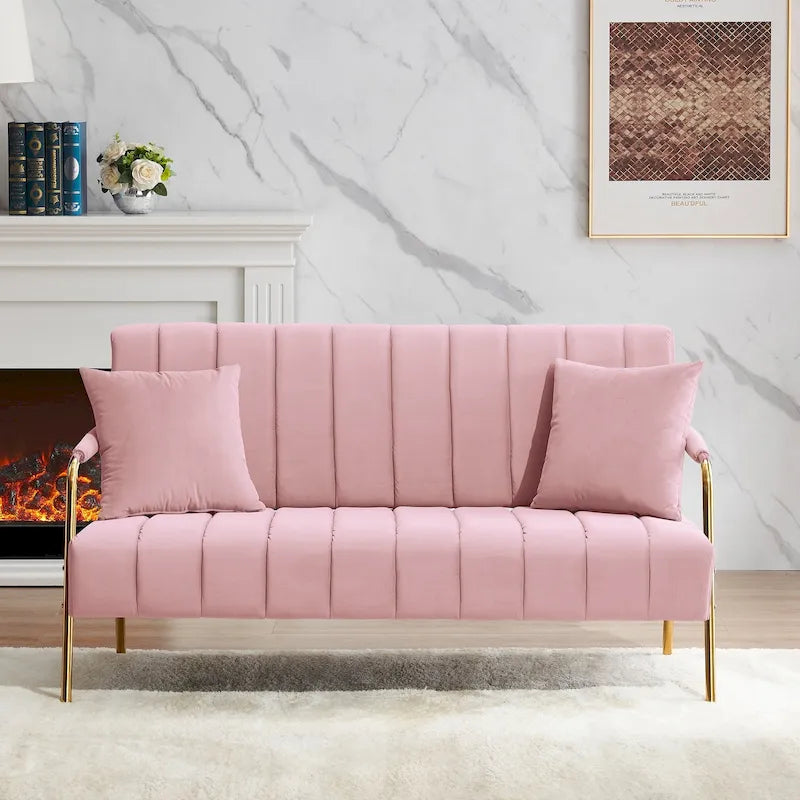Upholstered Velvet Loveseat with Tufted Back, Gold Legs & 2 Pillows