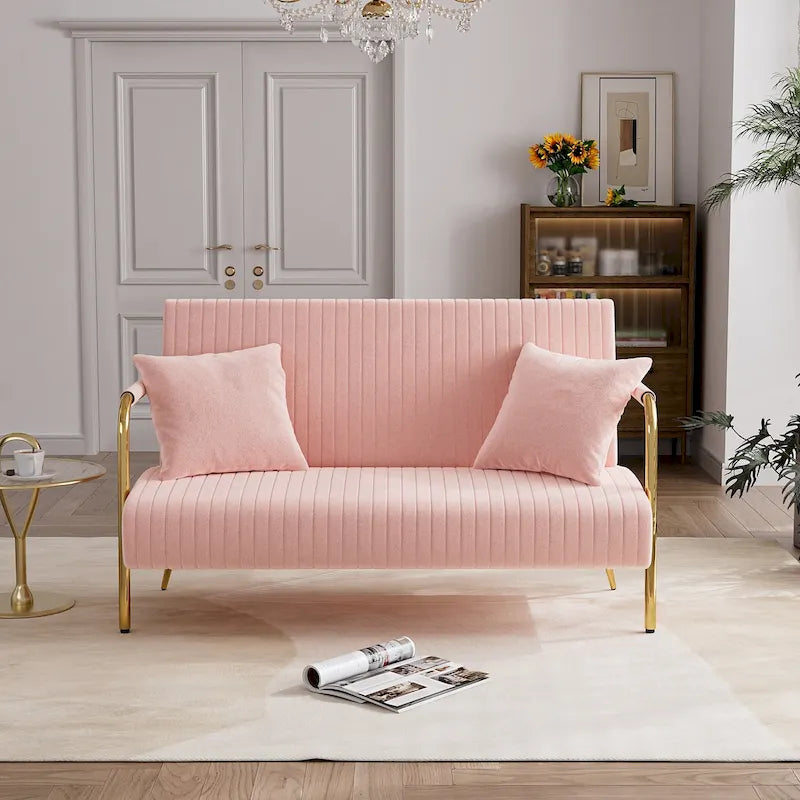 Upholstered Velvet Loveseat with Tufted Back, Gold Legs & 2 Pillows