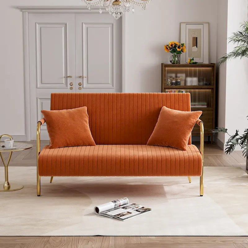 Upholstered Velvet Loveseat with Tufted Back, Gold Legs & 2 Pillows