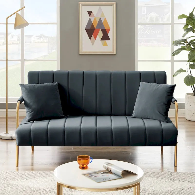 Upholstered Velvet Loveseat with Tufted Back, Gold Legs & 2 Pillows