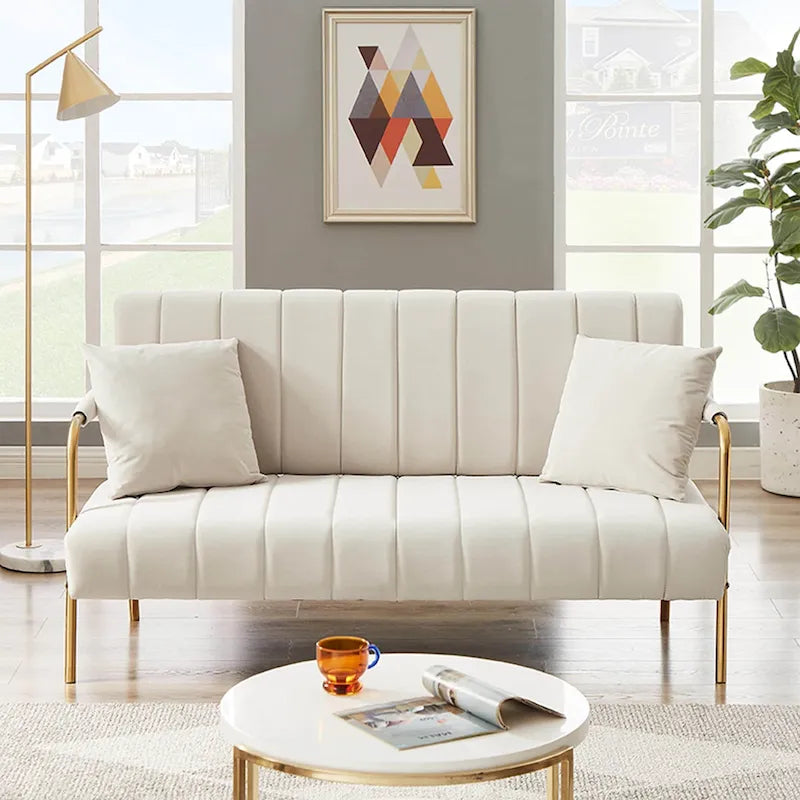 Upholstered Velvet Loveseat with Tufted Back, Gold Legs & 2 Pillows