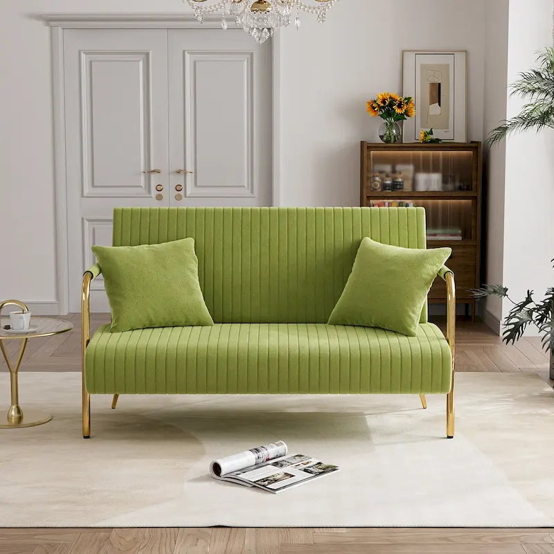 Upholstered Velvet Loveseat with Tufted Back, Gold Legs & 2 Pillows