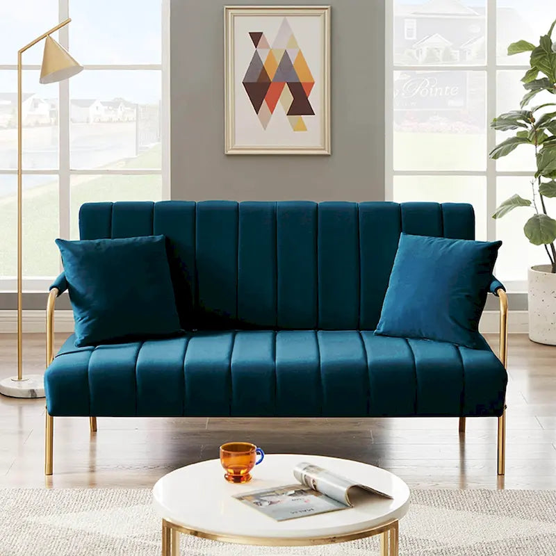 Upholstered Velvet Loveseat with Tufted Back, Gold Legs & 2 Pillows