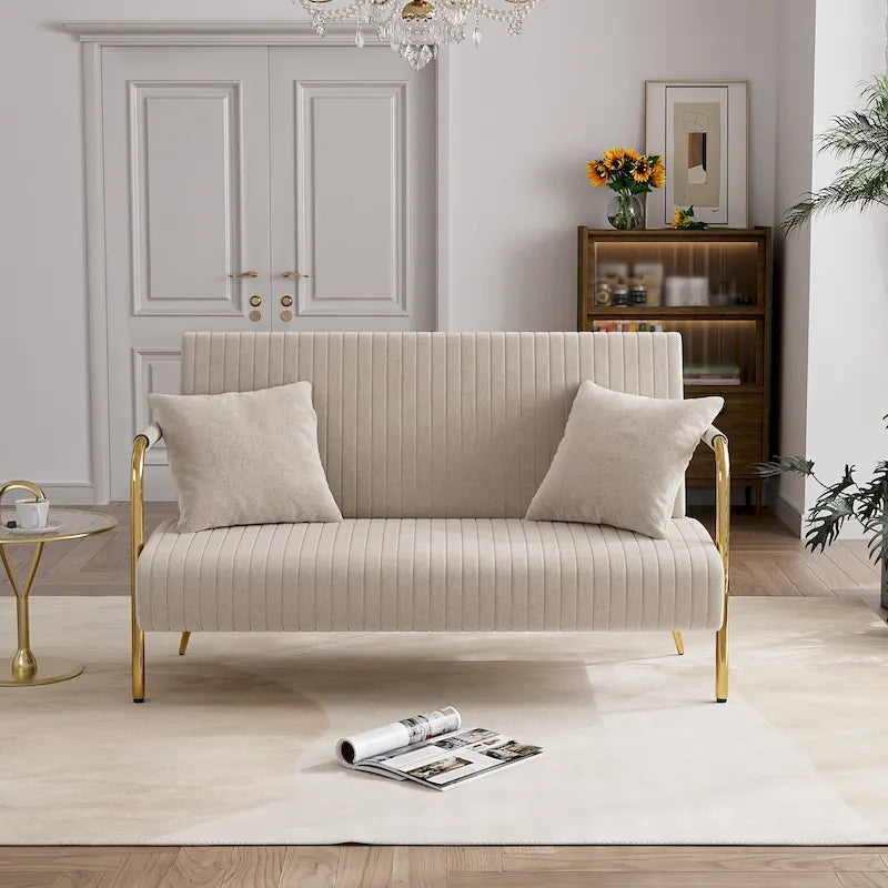 Upholstered Velvet Loveseat with Tufted Back, Gold Legs & 2 Pillows