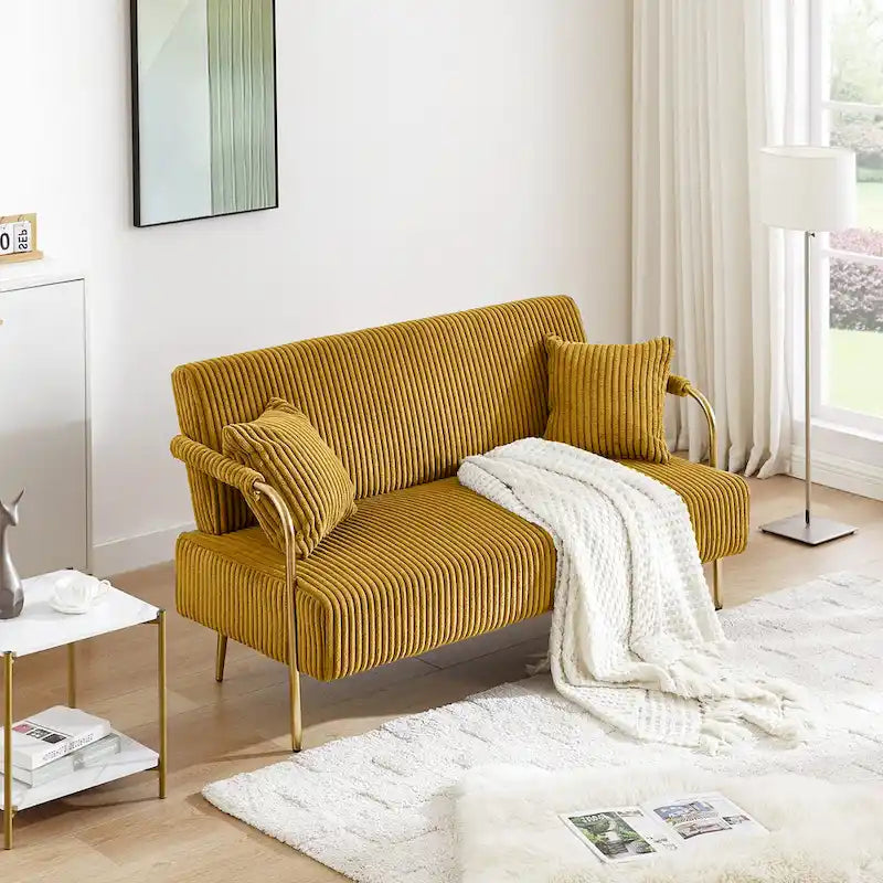 Upholstered Velvet Loveseat with Tufted Back, Gold Legs & 2 Pillows