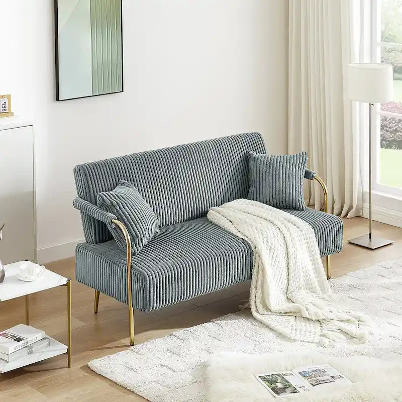 Upholstered Velvet Loveseat with Tufted Back, Gold Legs & 2 Pillows