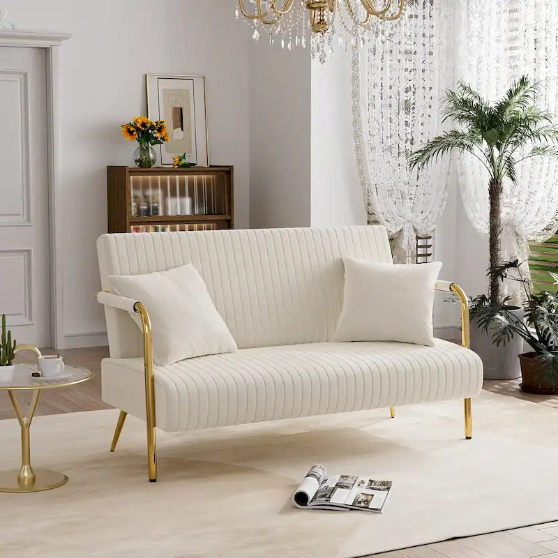 Upholstered Velvet Loveseat with Tufted Back, Gold Legs & 2 Pillows