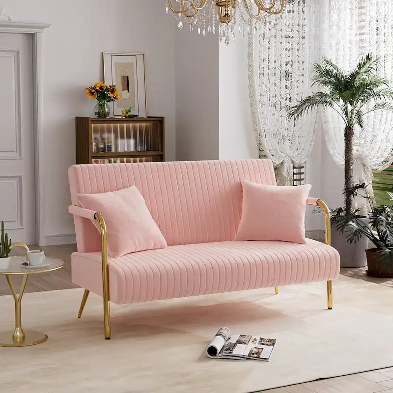 Upholstered Velvet Loveseat with Tufted Back, Gold Legs & 2 Pillows