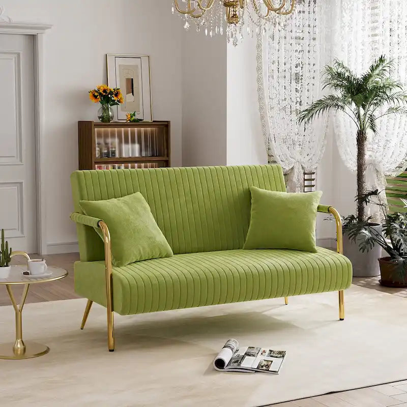 Upholstered Velvet Loveseat with Tufted Back, Gold Legs & 2 Pillows