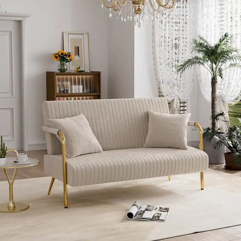 Upholstered Velvet Loveseat with Tufted Back, Gold Legs & 2 Pillows