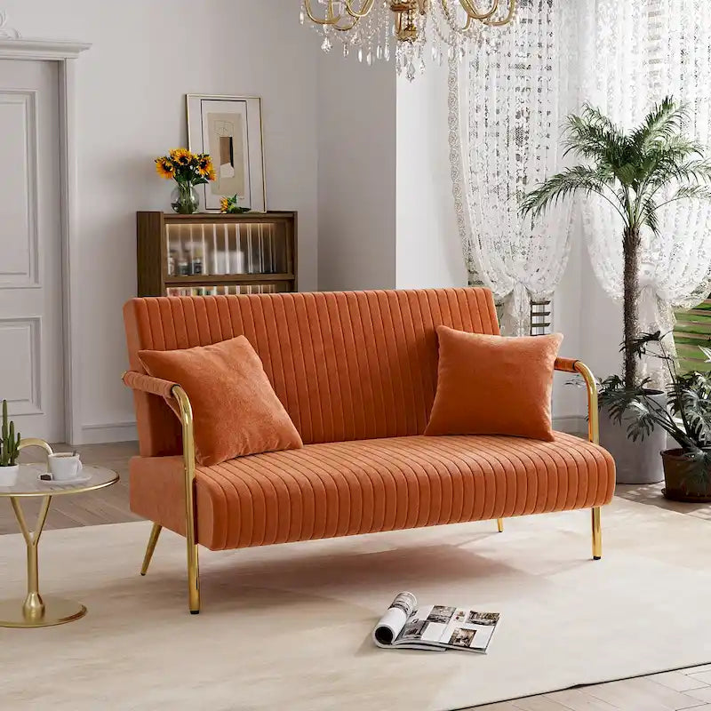 Upholstered Velvet Loveseat with Tufted Back, Gold Legs & 2 Pillows