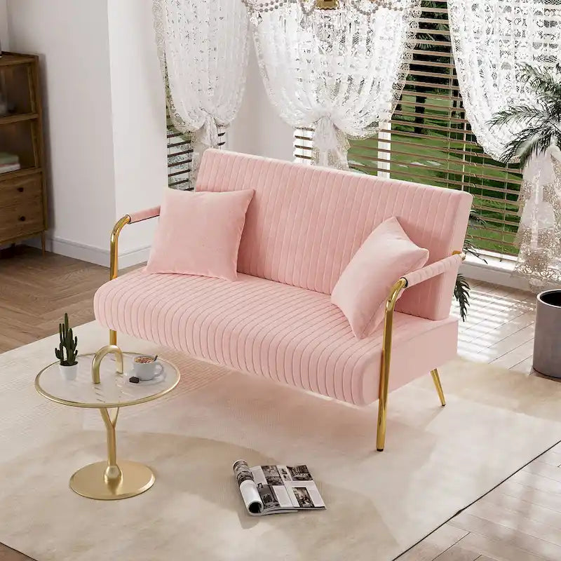 Upholstered Velvet Loveseat with Tufted Back, Gold Legs & 2 Pillows