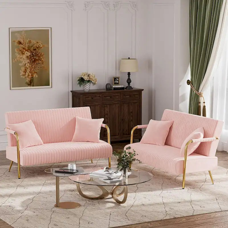 Upholstered Velvet Loveseat with Tufted Back, Gold Legs & 2 Pillows