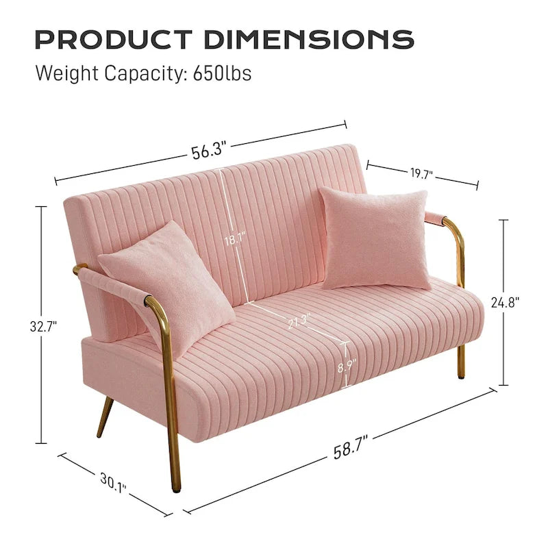 Upholstered Velvet Loveseat with Tufted Back, Gold Legs & 2 Pillows