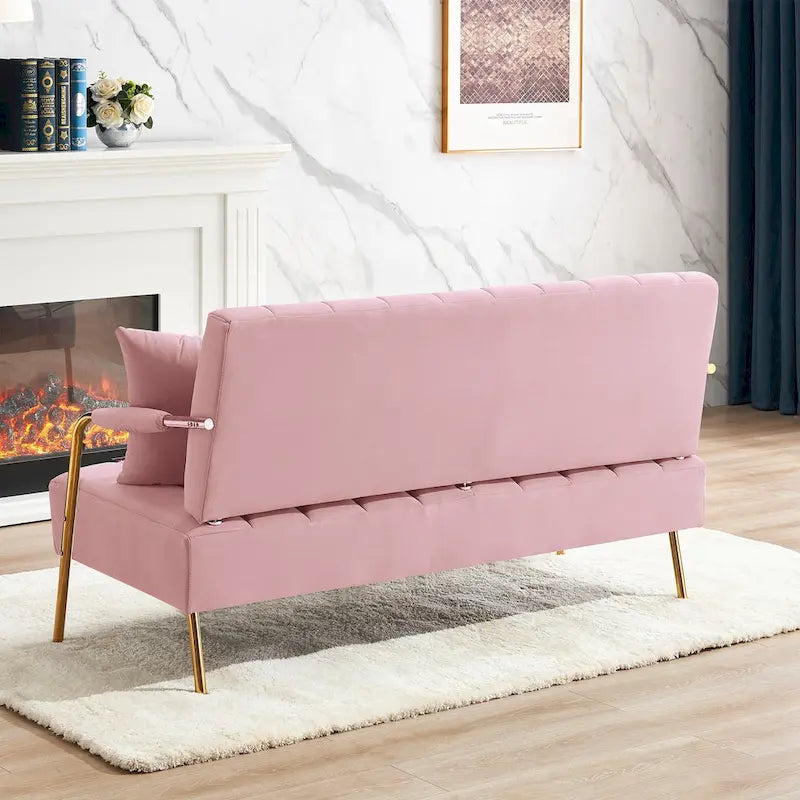 Upholstered Velvet Loveseat with Tufted Back, Gold Legs & 2 Pillows