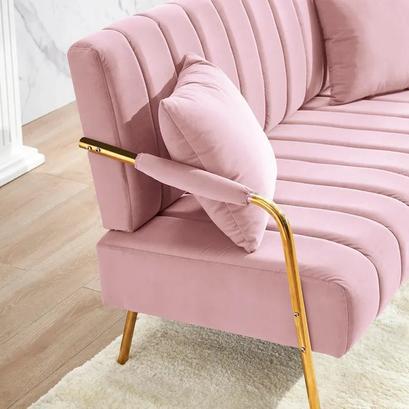 Upholstered Velvet Loveseat with Tufted Back, Gold Legs & 2 Pillows