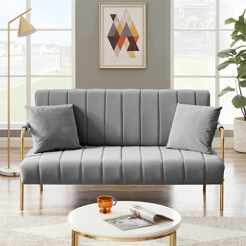 Upholstered Velvet Loveseat with Tufted Back, Gold Legs & 2 Pillows