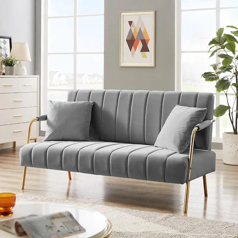 Upholstered Velvet Loveseat with Tufted Back, Gold Legs & 2 Pillows