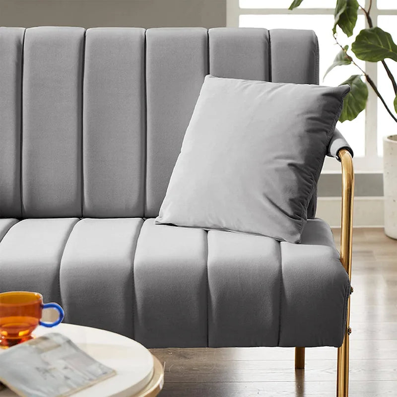 Upholstered Velvet Loveseat with Tufted Back, Gold Legs & 2 Pillows