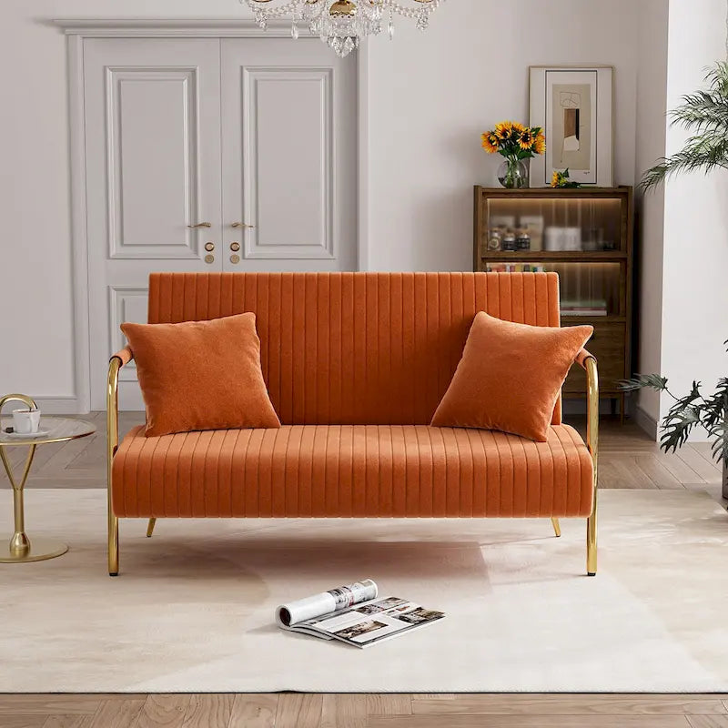 Upholstered Velvet Loveseat with Tufted Back, Gold Legs & 2 Pillows