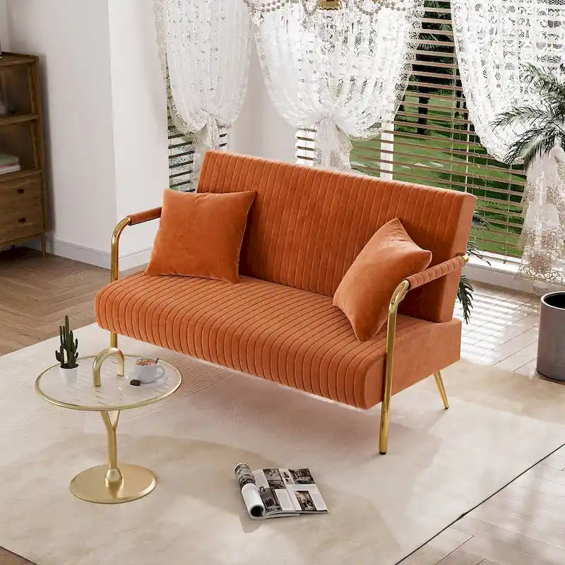 Upholstered Velvet Loveseat with Tufted Back, Gold Legs & 2 Pillows
