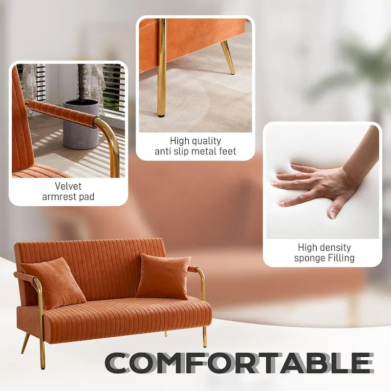 Upholstered Velvet Loveseat with Tufted Back, Gold Legs & 2 Pillows