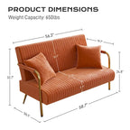 Upholstered Velvet Loveseat with Tufted Back, Gold Legs & 2 Pillows