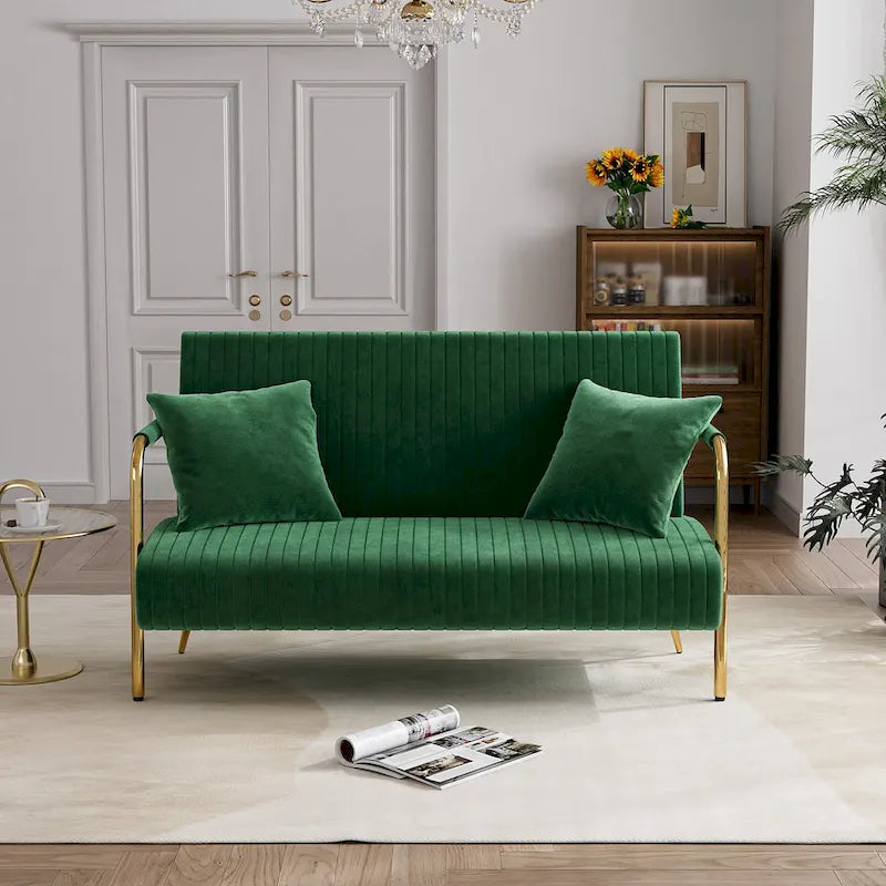 Upholstered Velvet Loveseat with Tufted Back, Gold Legs & 2 Pillows