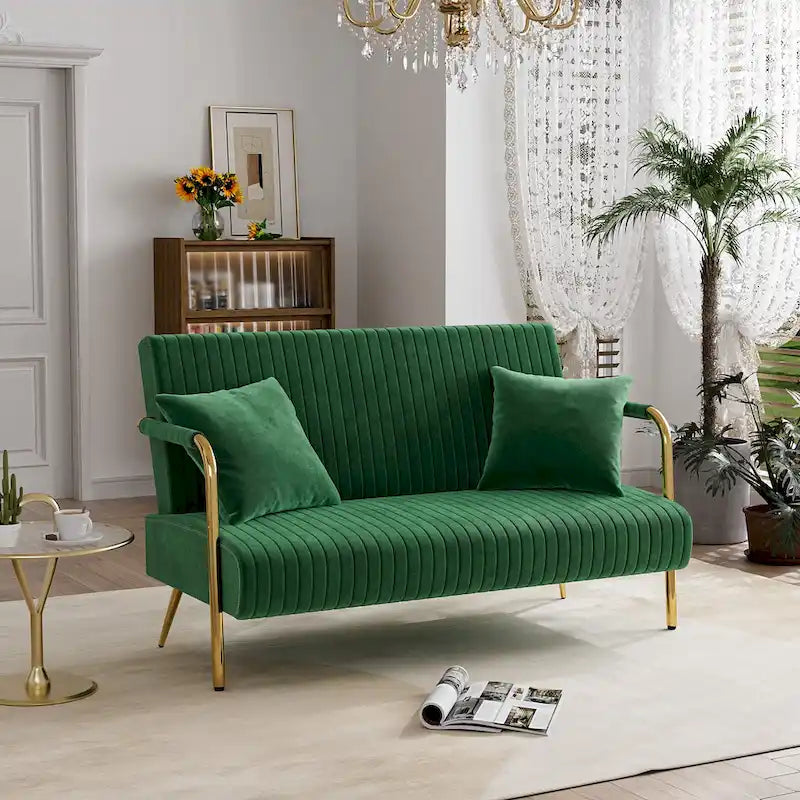 Upholstered Velvet Loveseat with Tufted Back, Gold Legs & 2 Pillows