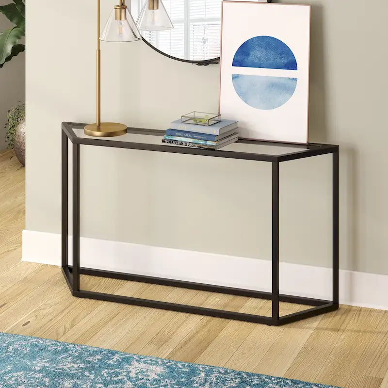 55" Modern Steel Console Table with Tempered Glass Top