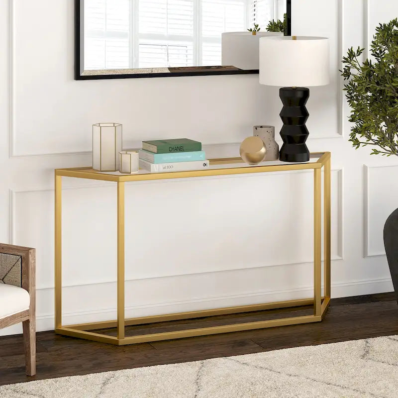 55" Modern Steel Console Table with Tempered Glass Top