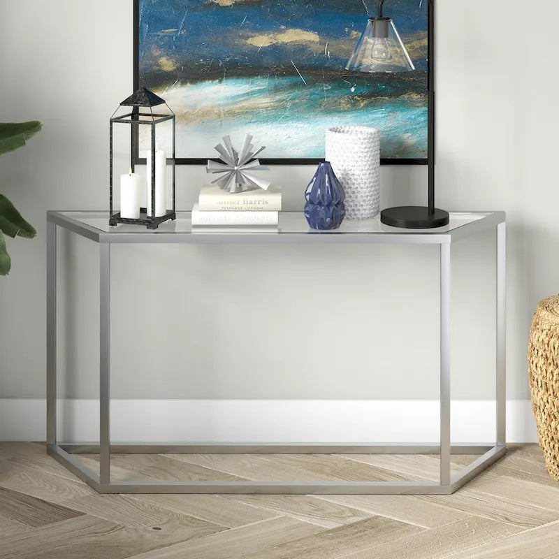 55" Modern Steel Console Table with Tempered Glass Top