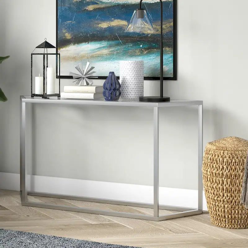 55" Modern Steel Console Table with Tempered Glass Top