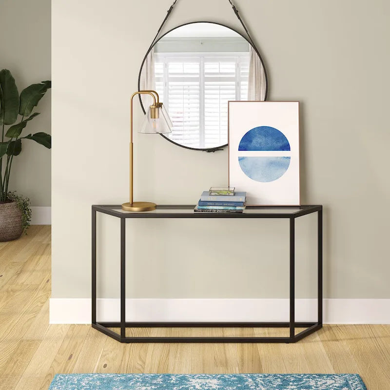 55" Modern Steel Console Table with Tempered Glass Top