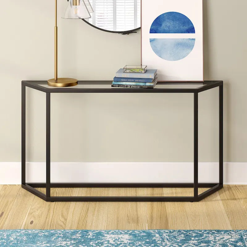 55" Modern Steel Console Table with Tempered Glass Top