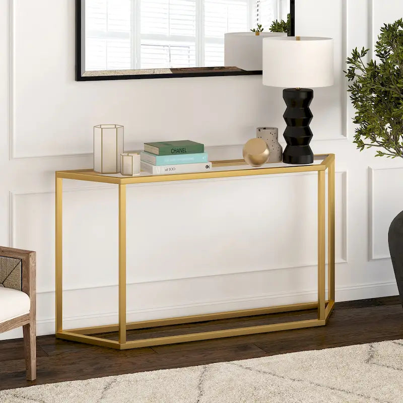 55" Modern Steel Console Table with Tempered Glass Top