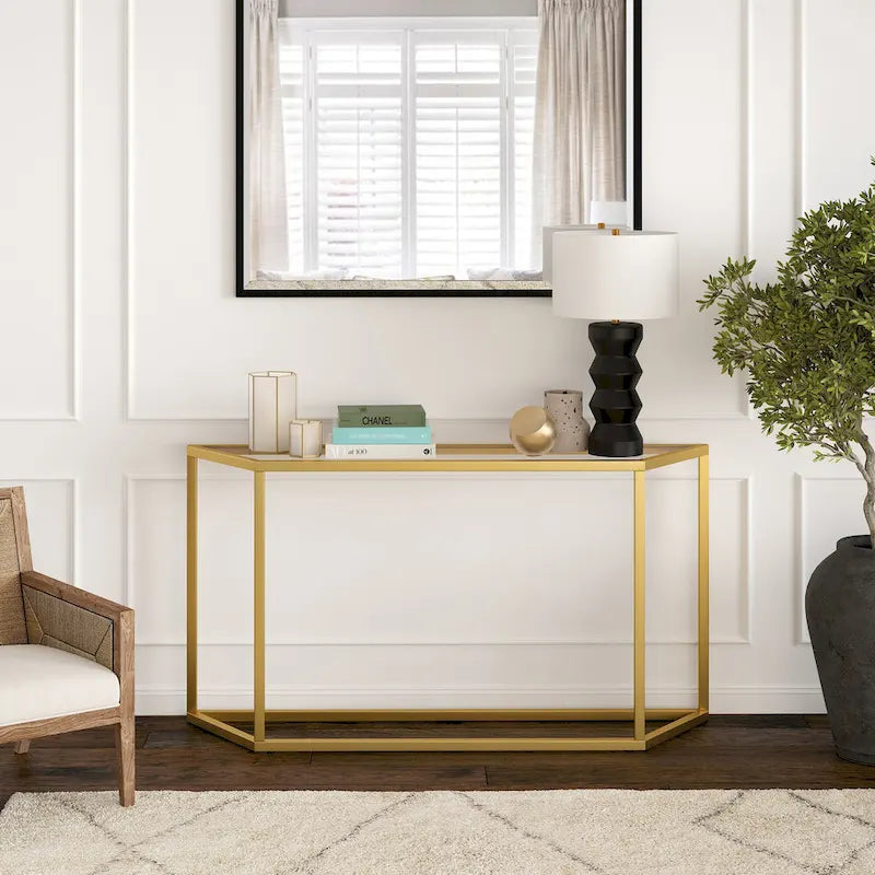 55" Modern Steel Console Table with Tempered Glass Top