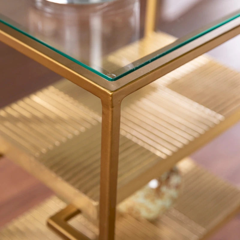 3-Tier Glass Top Accent Side Table with Handcrafted Brass Shelves