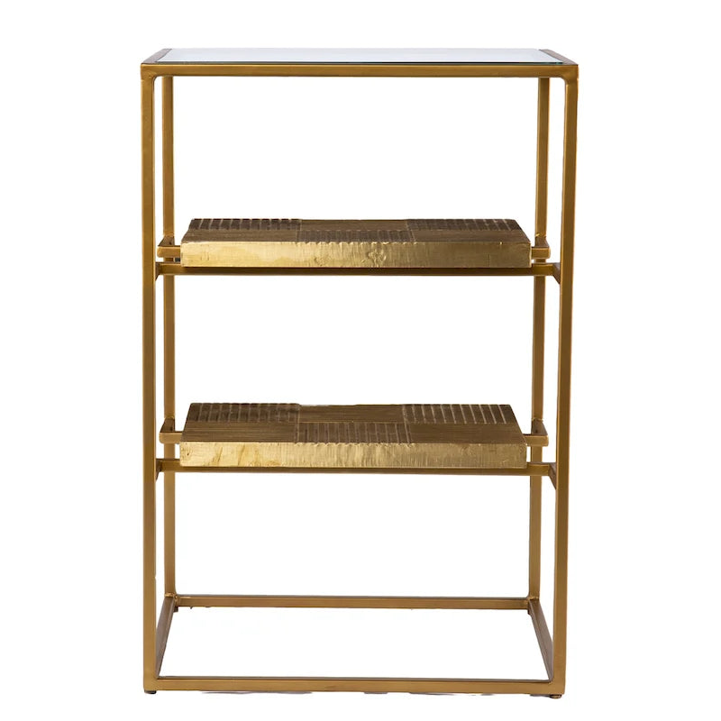 3-Tier Glass Top Accent Side Table with Handcrafted Brass Shelves
