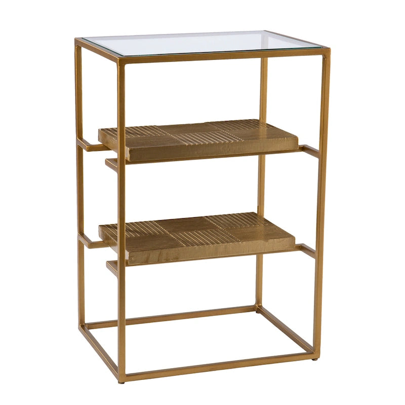 3-Tier Glass Top Accent Side Table with Handcrafted Brass Shelves