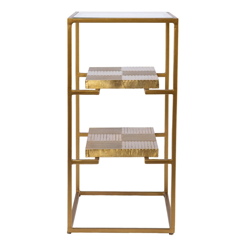 3-Tier Glass Top Accent Side Table with Handcrafted Brass Shelves