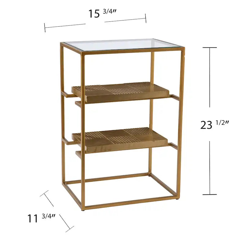 3-Tier Glass Top Accent Side Table with Handcrafted Brass Shelves