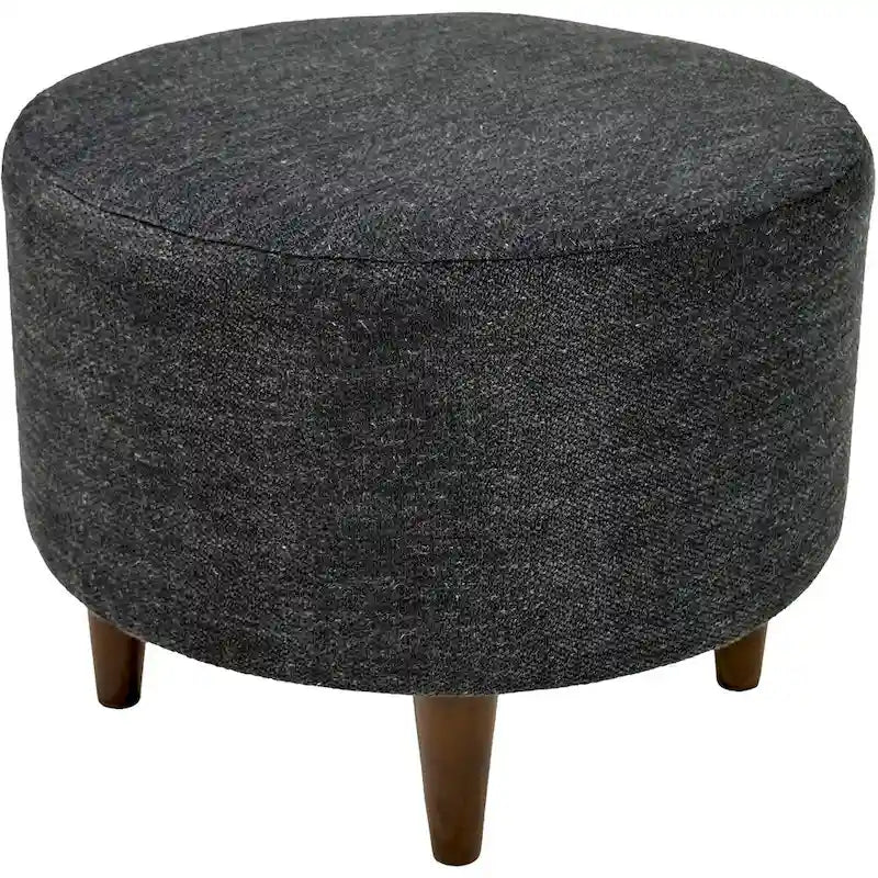 Round Upholstered Ottoman with Patterned Fabric & Espresso Wood Legs - 22" Dia